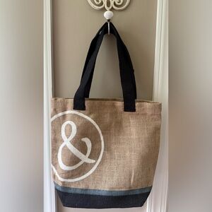 Mary & Martha Ampersand Burlap Lined Tote Bag with Black Handles NEW